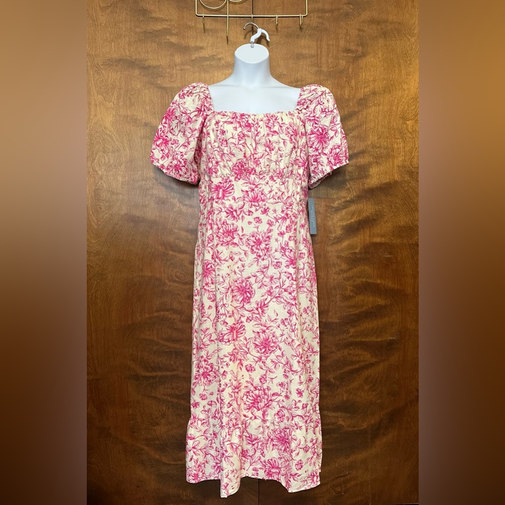 London Times Puff Sleeve Linen Midi Dress Womens Plus 20W Pink Floral Wedding